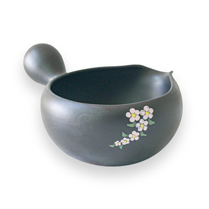 Black Flowers Ceramic Matcha Bowl with Spout