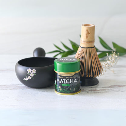 Black Flowers Ceramic Matcha Bowl with Spout