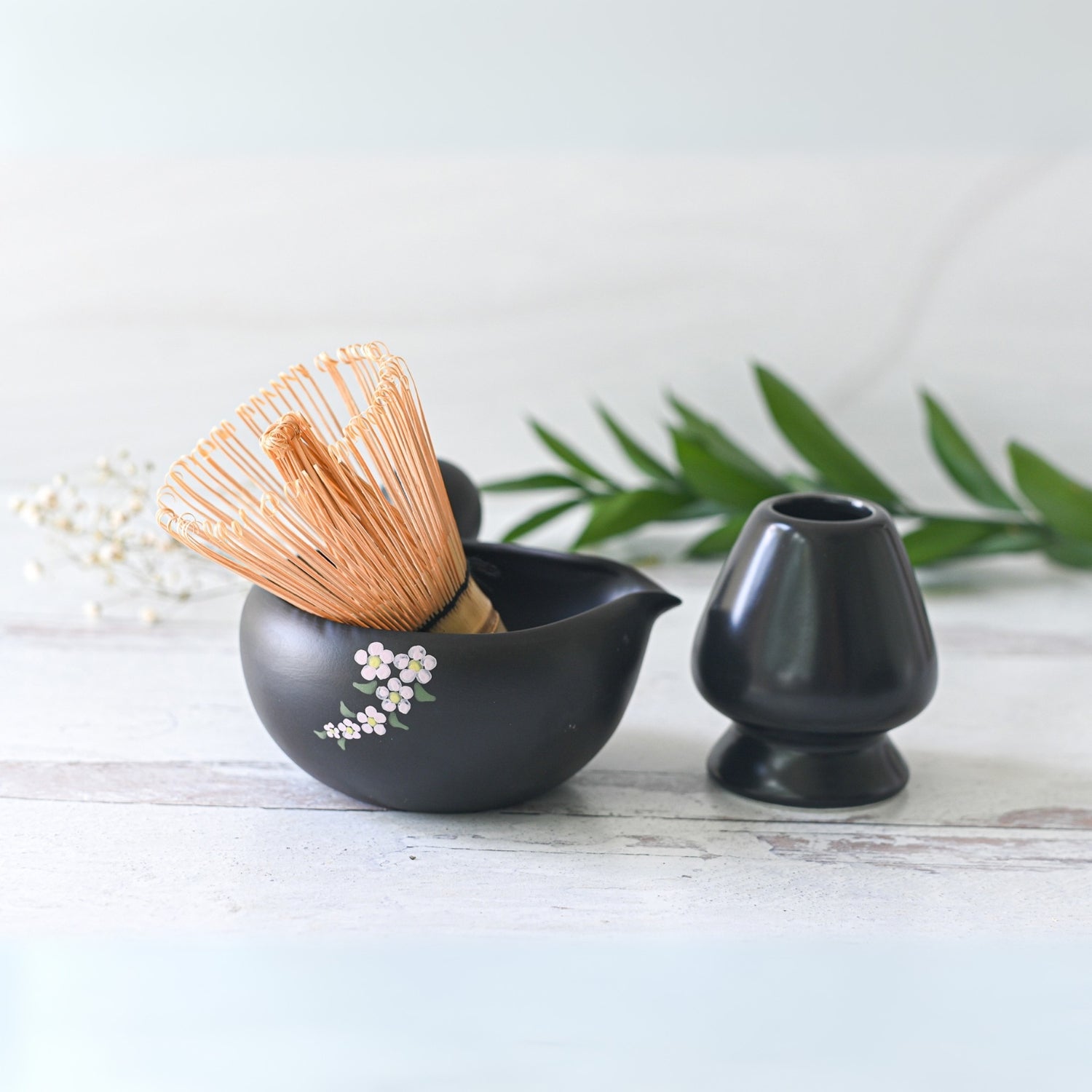 Black Flowers Ceramic Matcha Bowl with Spout