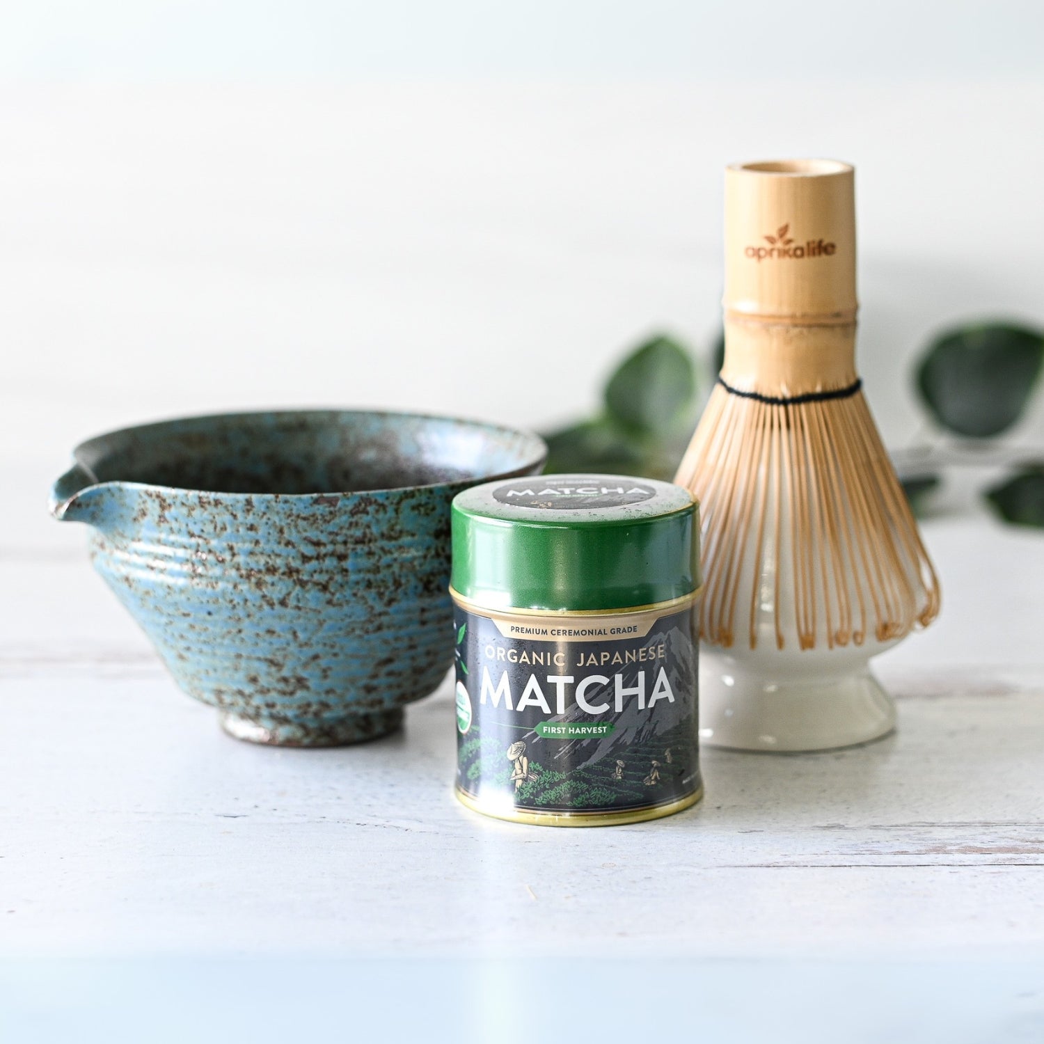 Blue Textured Ceramic Matcha Bowl with Spout