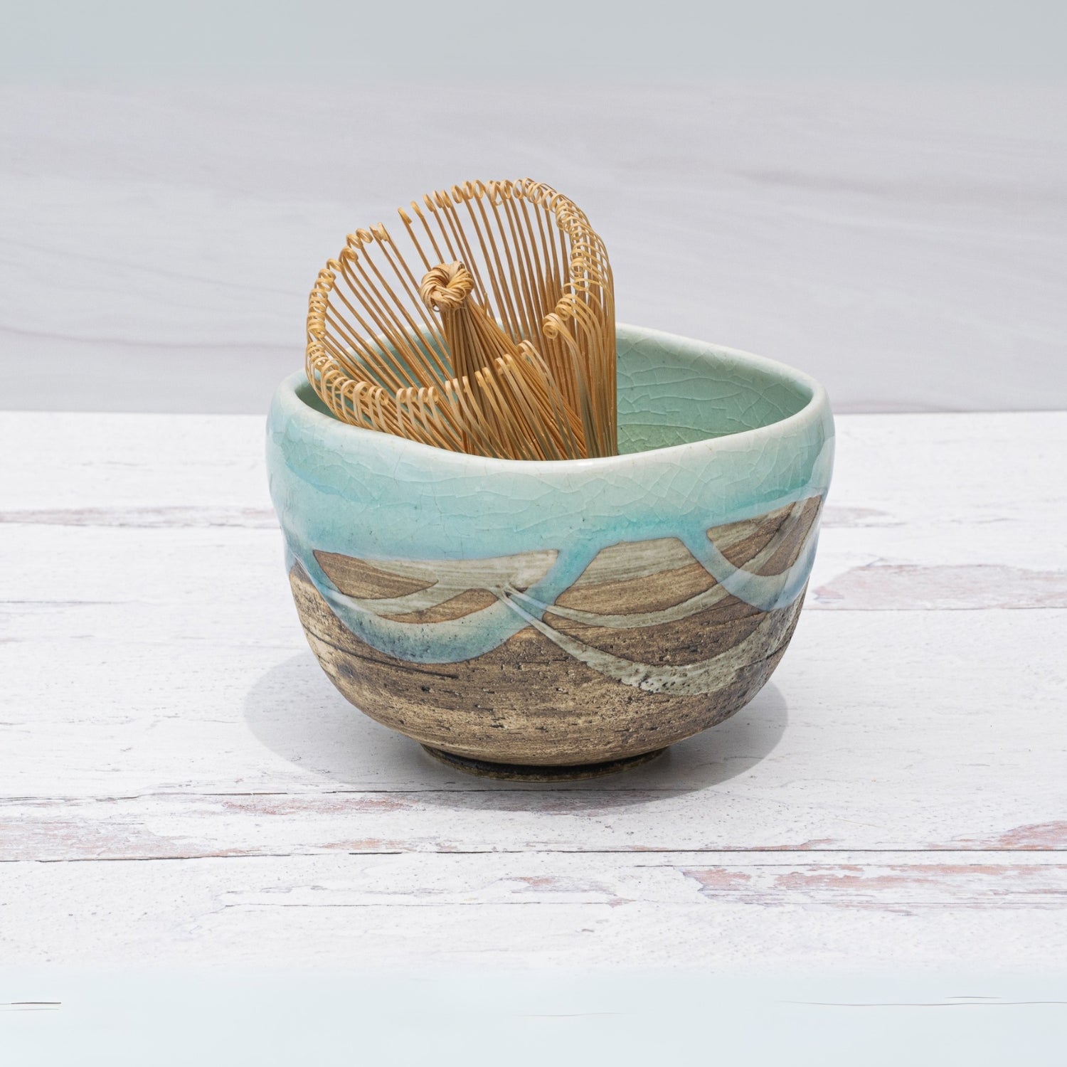 Japanese Matcha Tea Bowl Blue &amp; Brown Glaze