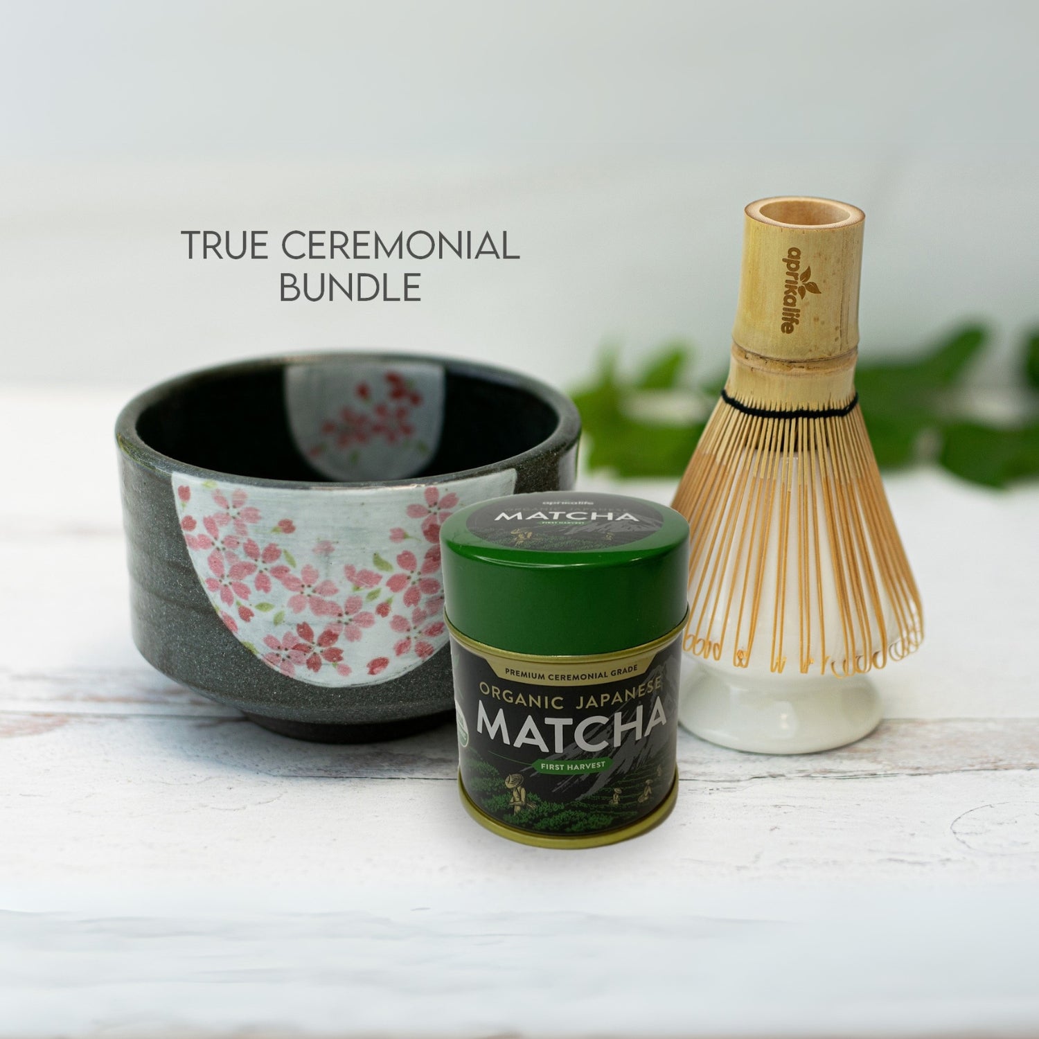 Dark Grey Flowers Ceramic Matcha Bowl