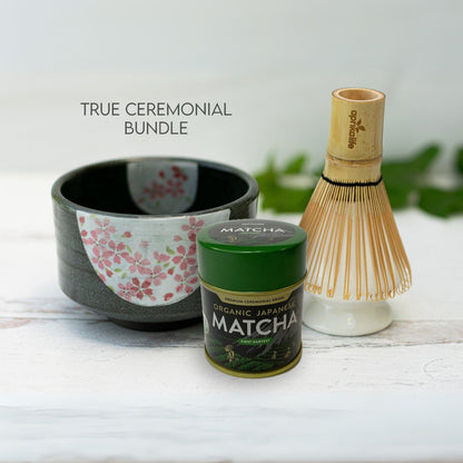 Dark Grey Flowers Ceramic Matcha Bowl