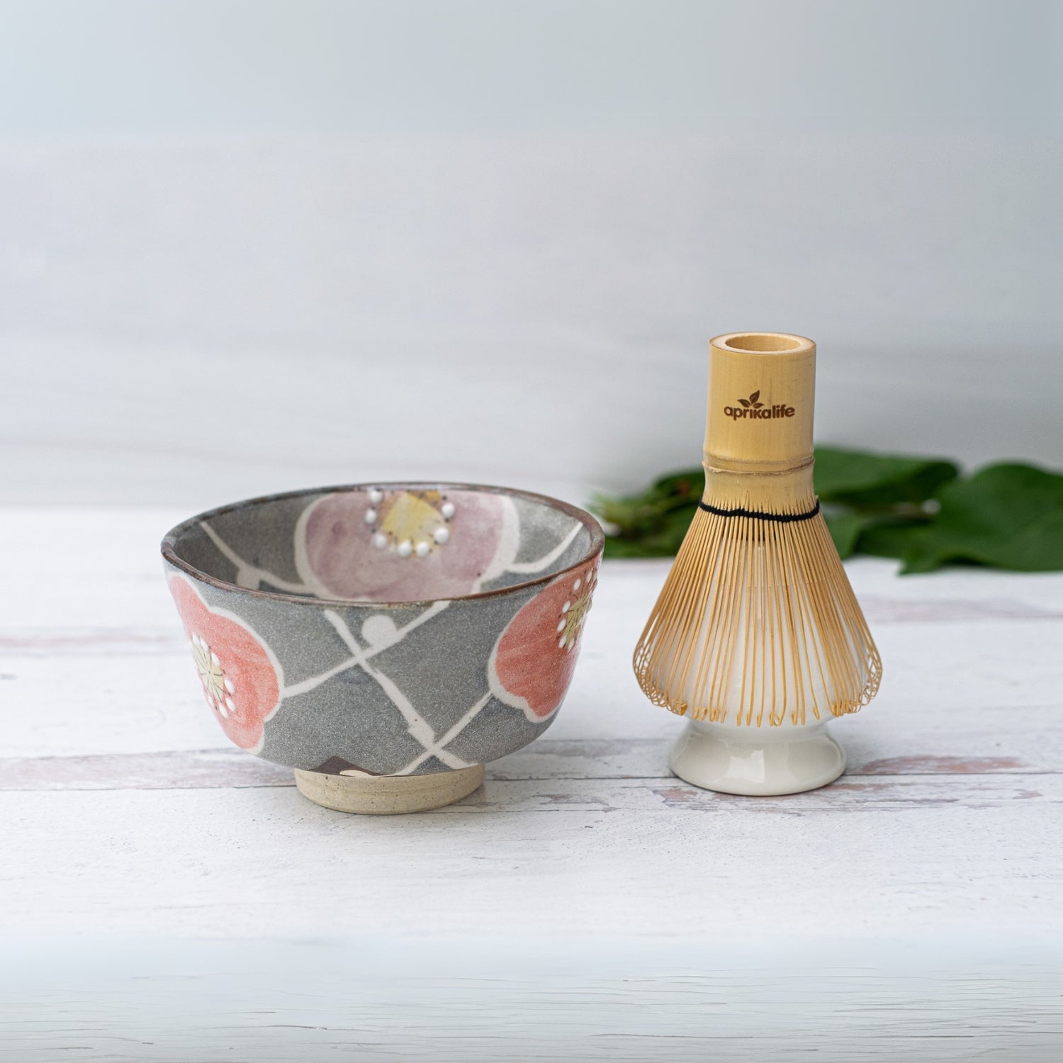 Gray with Flowers Ceramic Matcha Bowl