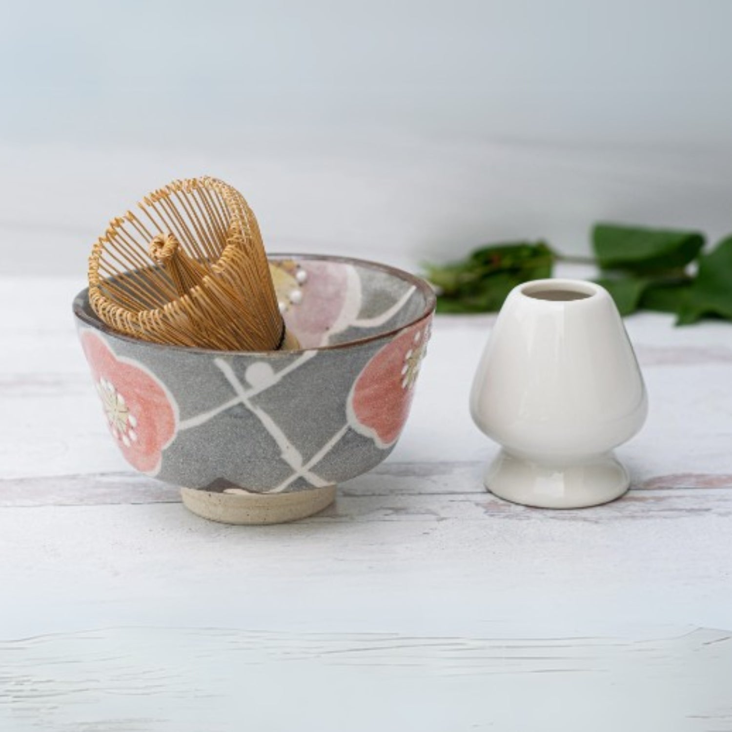 Gray with Flowers Ceramic Matcha Bowl
