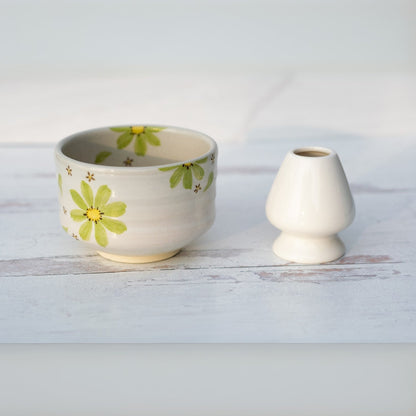 Green Flowers Ceramic Matcha Bowl