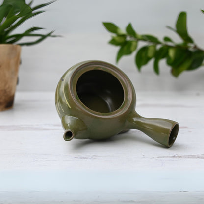 Green Kyusu with Flowers - Japanese Handmade Teapot with Premium Tea Strainer - 12 fl oz/360ml