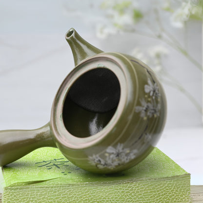 Green Kyusu with Flowers - Japanese Handmade Teapot with Premium Tea Strainer - 12 fl oz/360ml