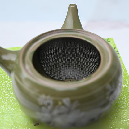 Green Kyusu with Flowers - Japanese Handmade Teapot with Premium Tea Strainer - 12 fl oz/360ml