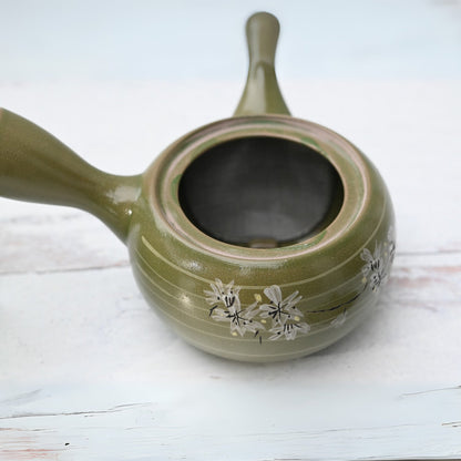 Green Kyusu with Flowers - Japanese Handmade Teapot with Premium Tea Strainer - 12 fl oz/360ml