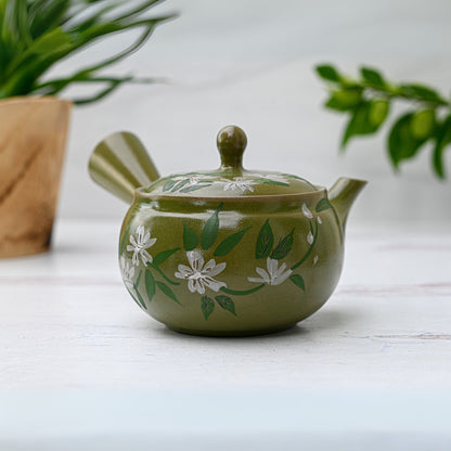 Green Kyusu with Flowers - Japanese Handmade Teapot with Premium Tea Strainer - 14 fl oz/420ml