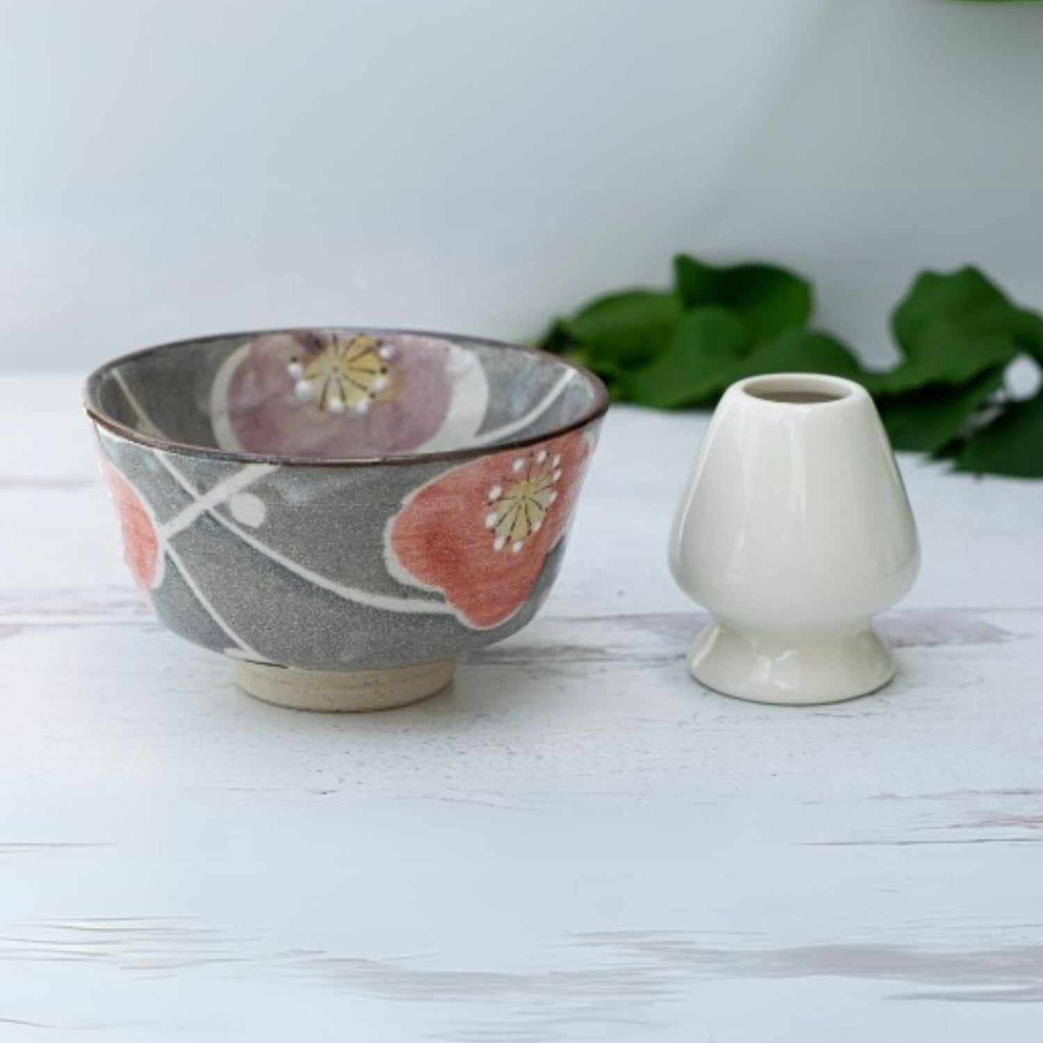 Gray with Flowers Ceramic Matcha Bowl