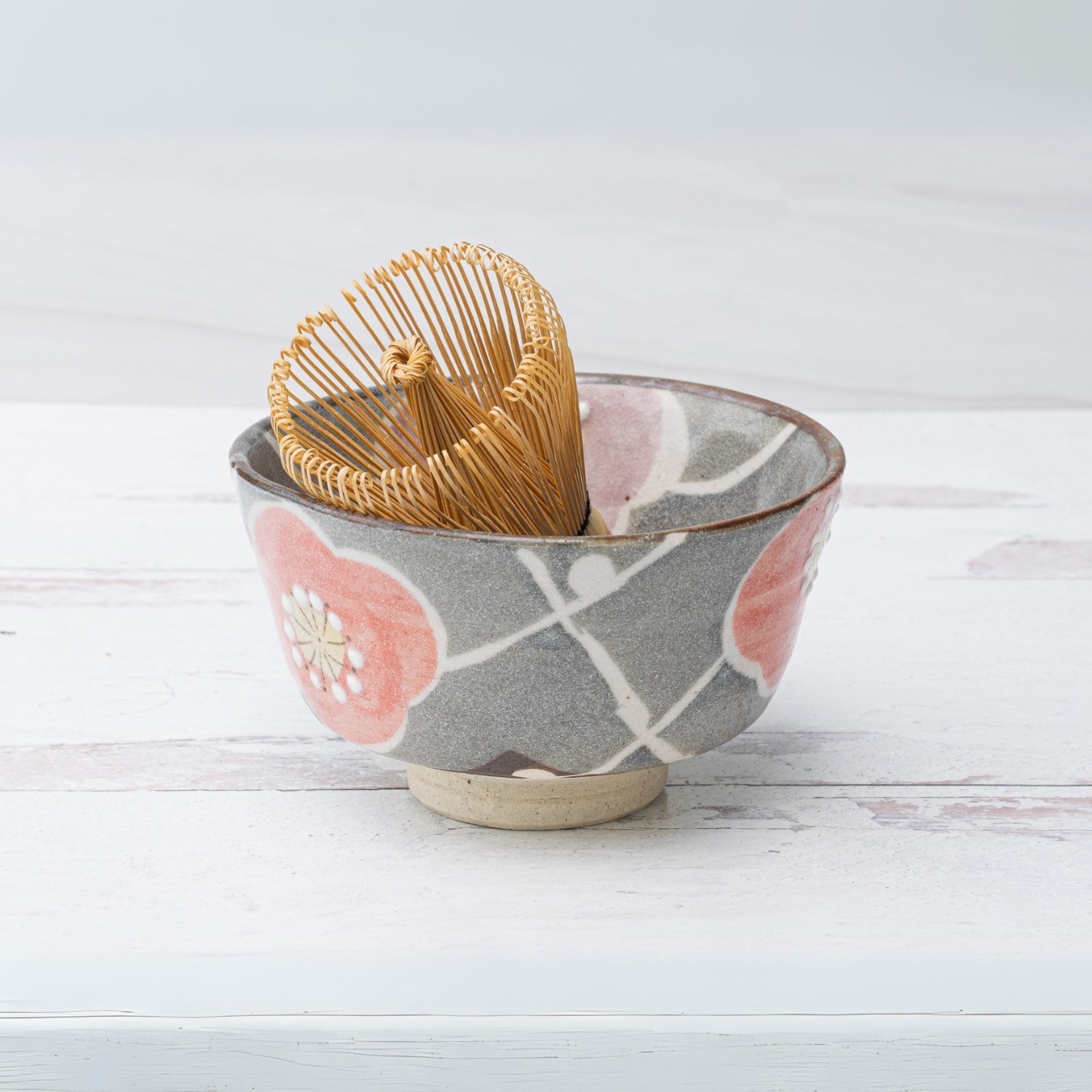 Gray with Flowers Ceramic Matcha Bowl
