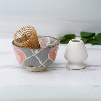 Gray with Flowers Ceramic Matcha Bowl