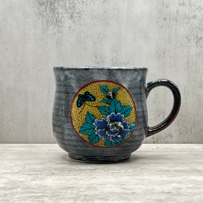 Yoshitaya Botan Gray Kutani-yaki Mug- Japanese Tea Mug