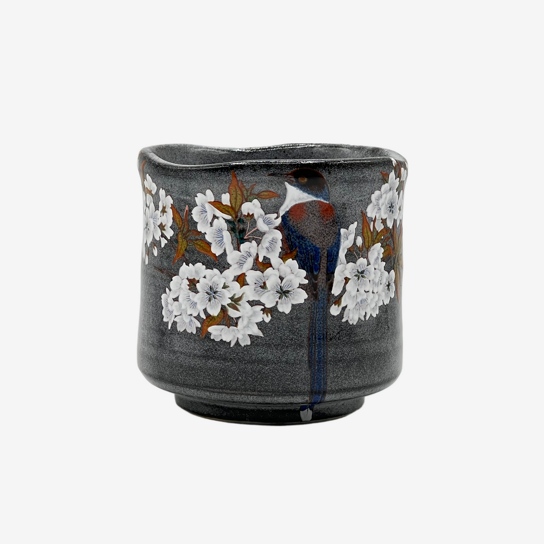 Yamazakura Tori Gray Kutani-yaki Yunomi- Japanese Teacup