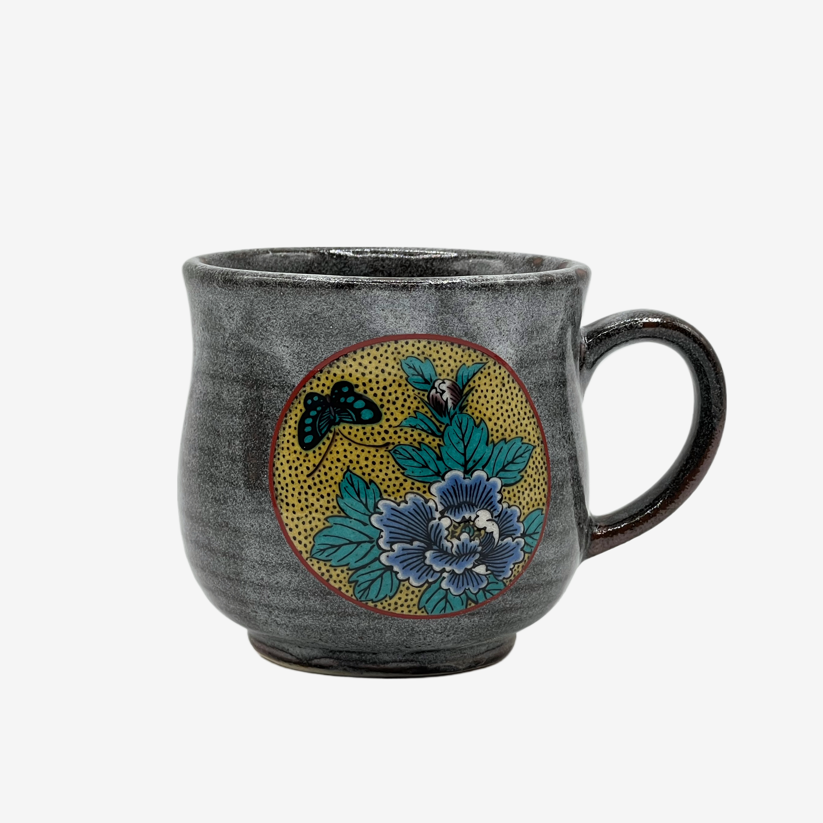 Yoshitaya Botan Gray Kutani-yaki Mug- Japanese Tea Mug