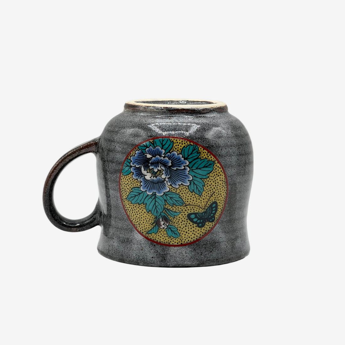 Yoshitaya Botan Gray Kutani-yaki Mug- Japanese Tea Mug