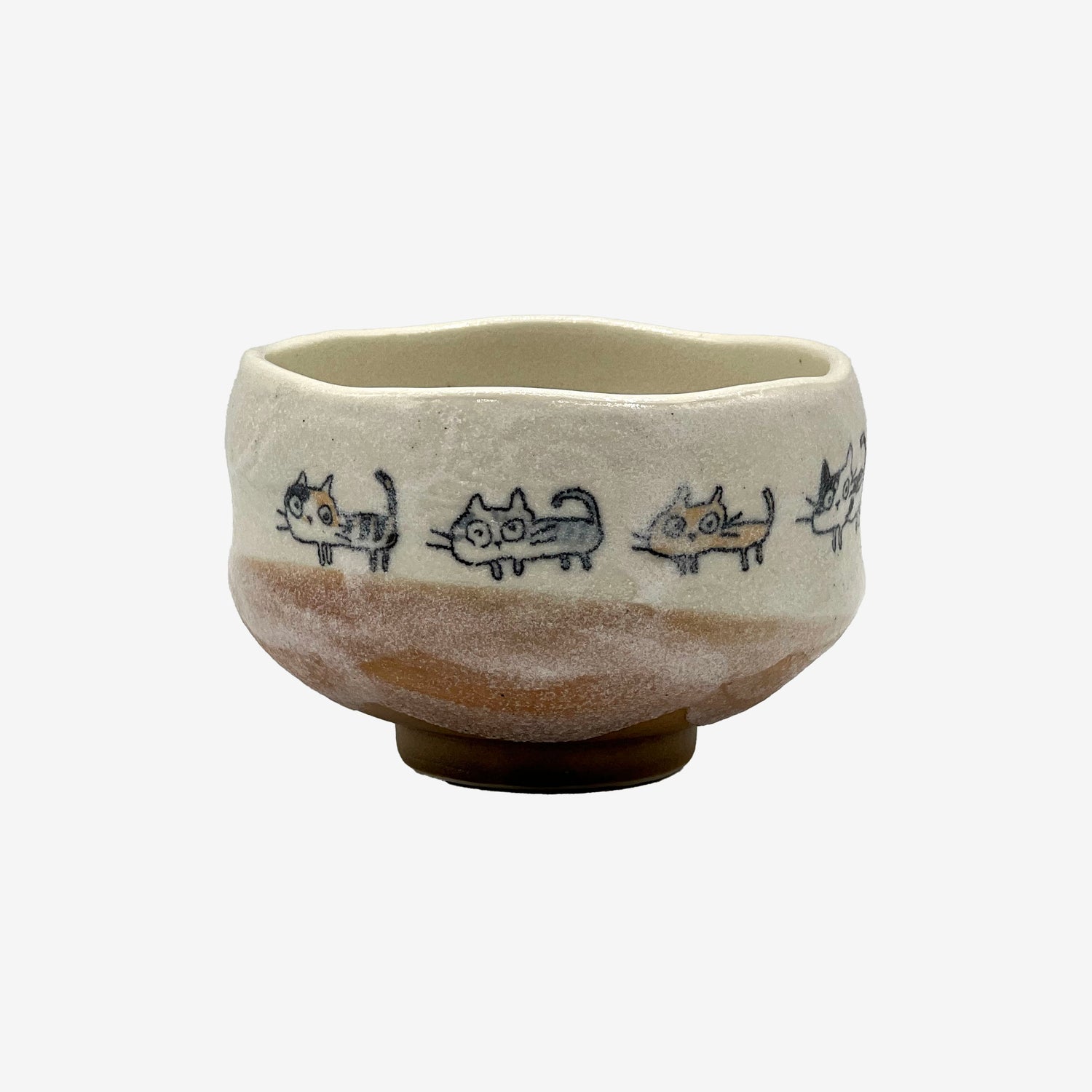 Neko Cat Beige Mino-yaki Chawan - Japanese Mini Matcha Bowl