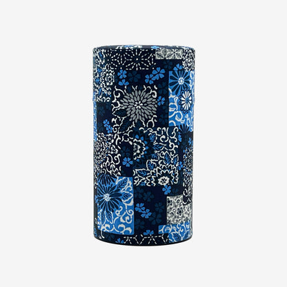 Indigo Hana Pattern Blue Washi Paper Wrapped Tea Canister (L) - Japanese Chazutsu