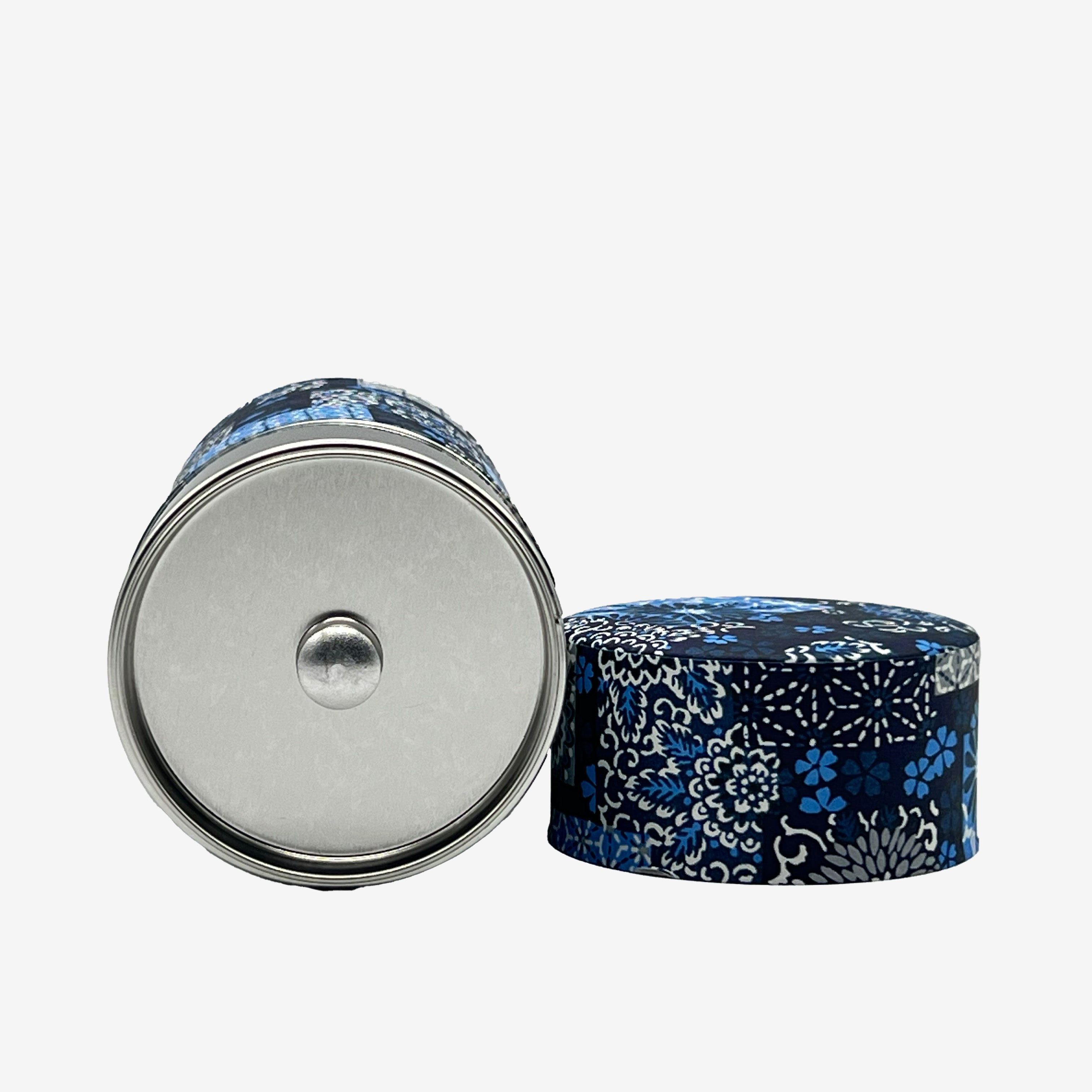 Indigo Hana Pattern Blue Washi Paper Wrapped Tea Canister (L) - Japanese Chazutsu