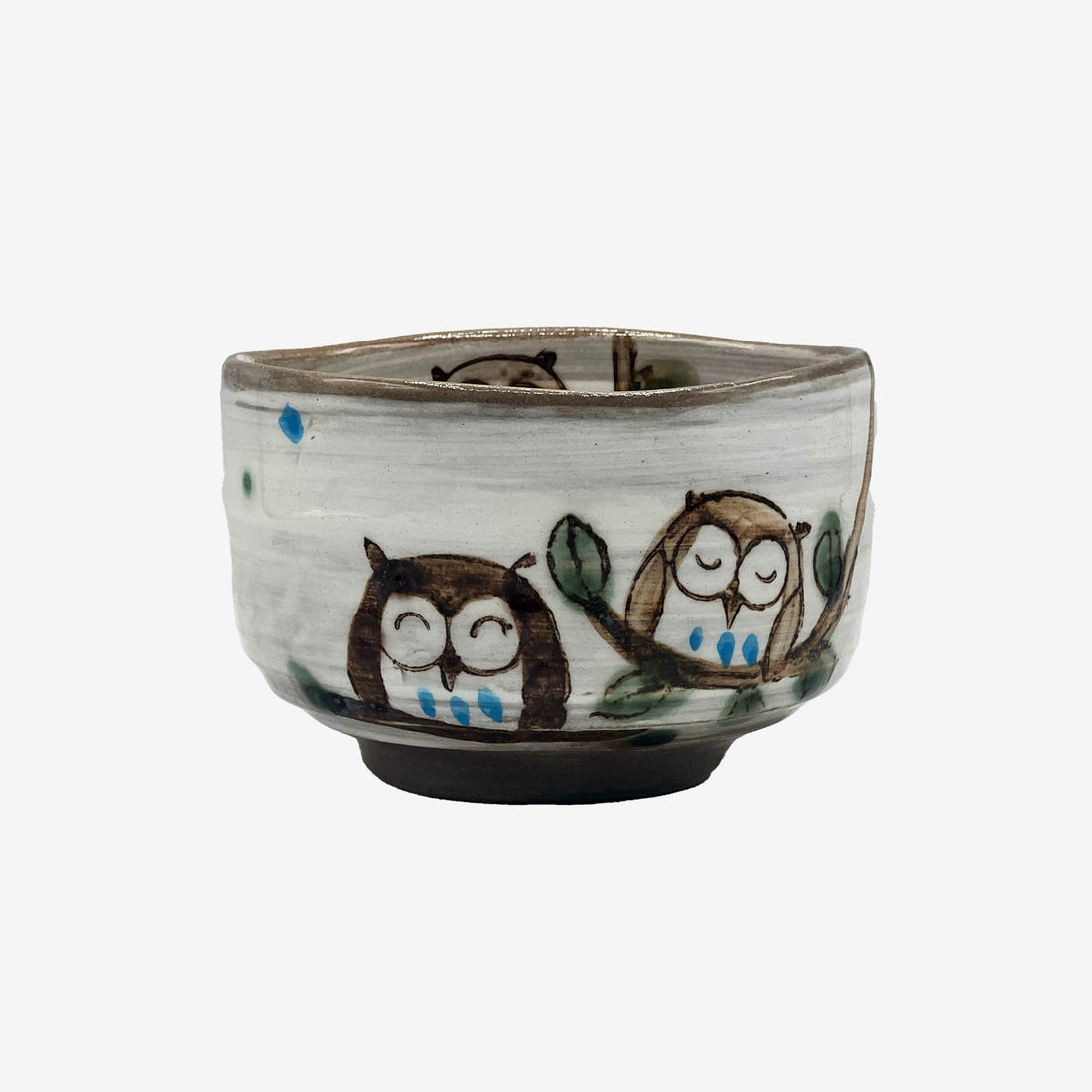 Fukufukuro Owl Gray Mino-yaki Chawan - Japanese Matcha Bowl