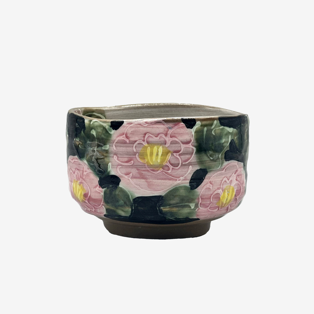 Red Peony Garden Mino-yaki Chawan - Japanese Matcha Bowl