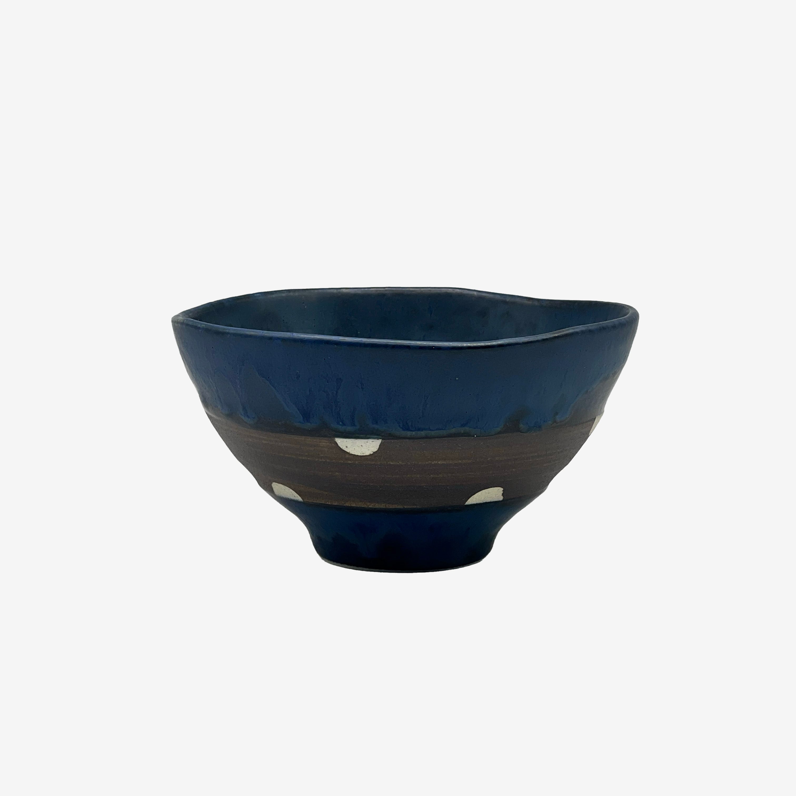 Shinko Blue Polka Dot Mino-yaki Ido Chawan - Japanese Mini Matcha Bowl