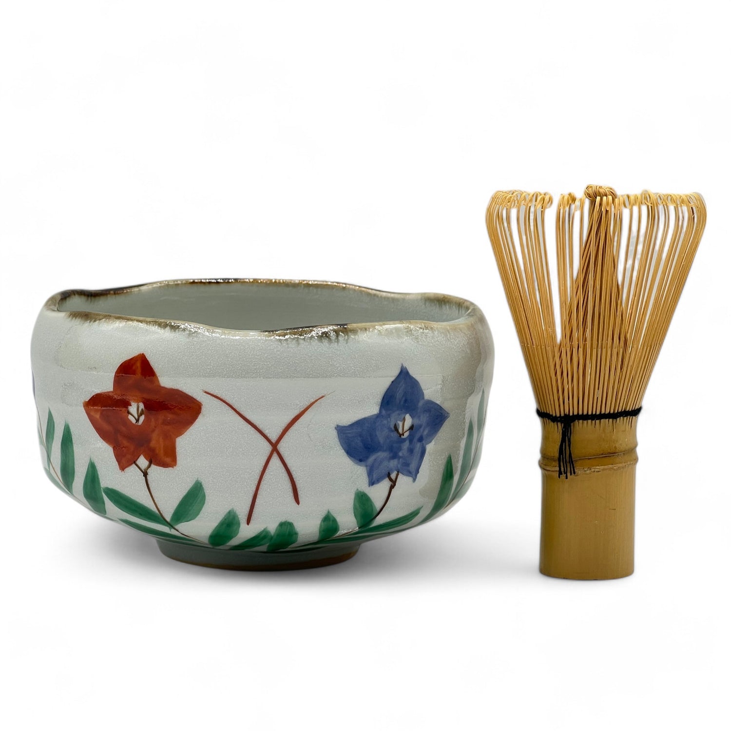 Kikyo Hand Painted Hana White Mino-yaki Chawan Set - Japanese Matcha Bowl