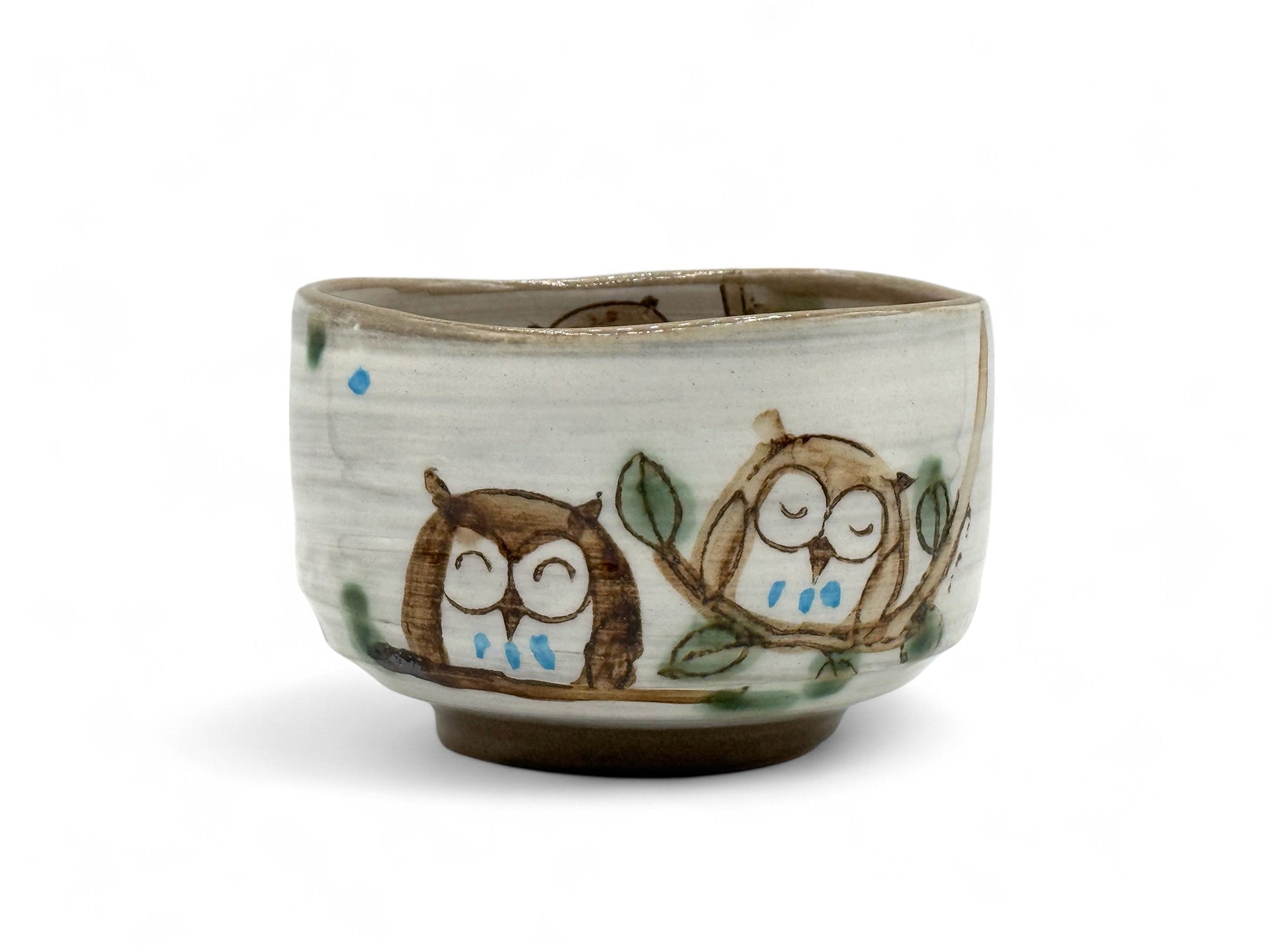 Fukufukuro Owl Gray Mino-yaki Chawan - Japanese Matcha Bowl