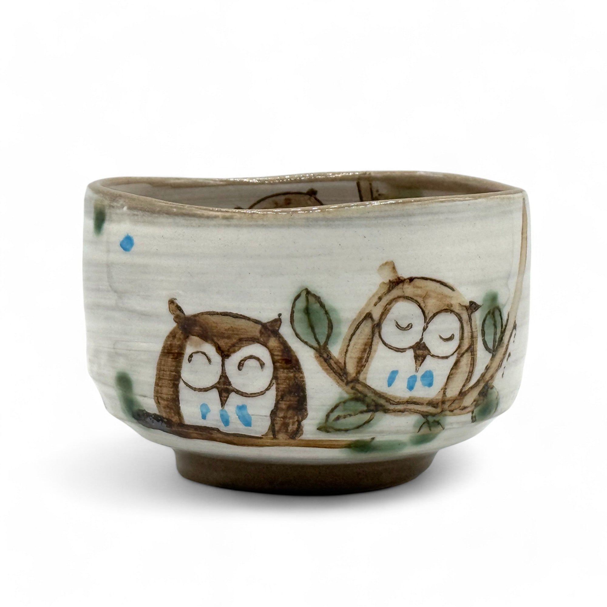 Fukufukuro Owl Gray Mino-yaki Chawan - Japanese Matcha Bowl