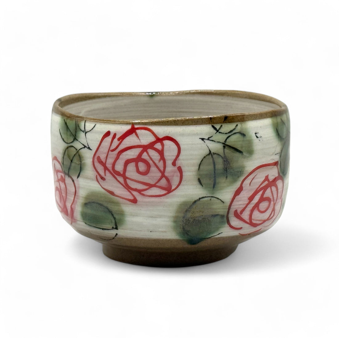 Red Rose Garden Mino-yaki Chawan - Japanese Matcha Bowl