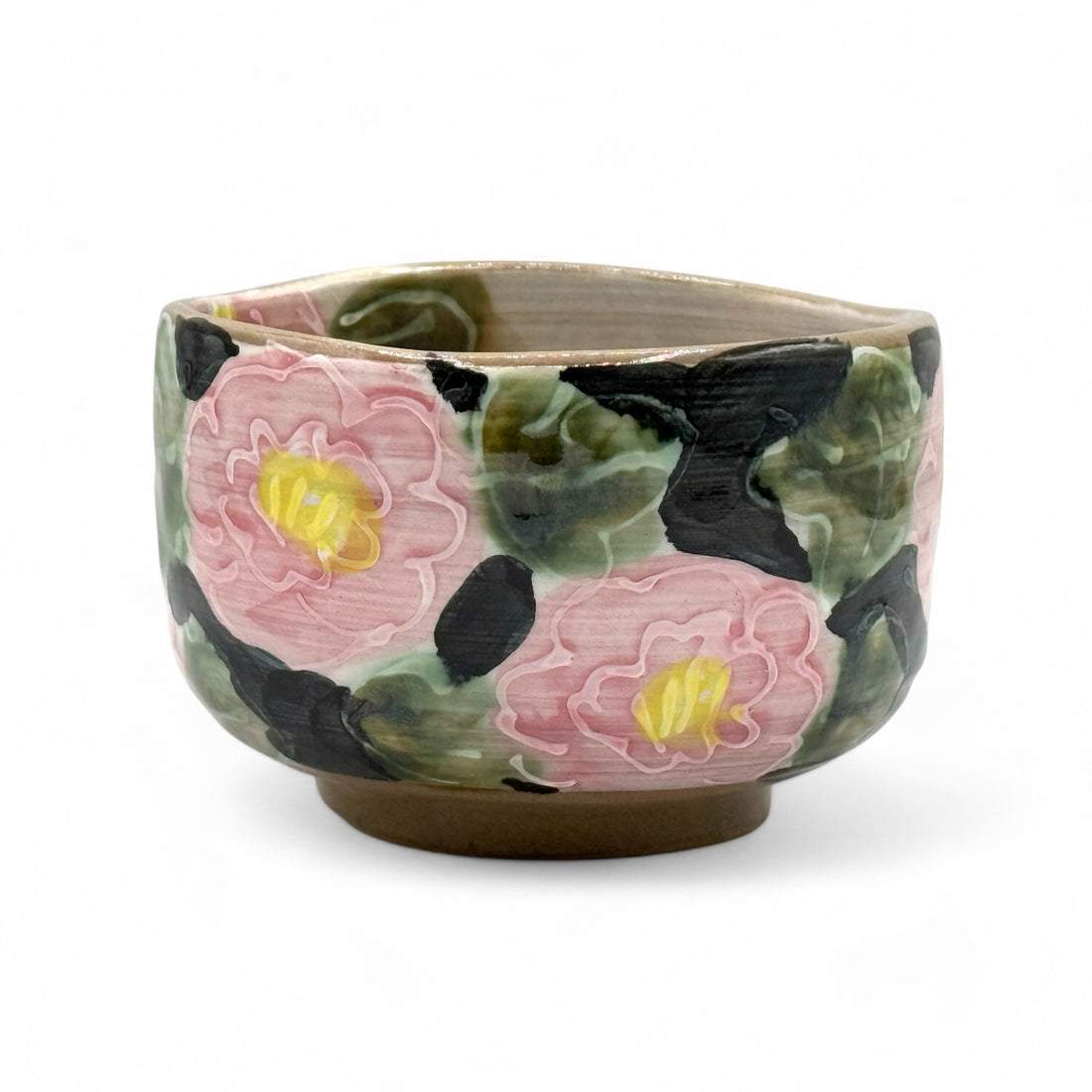 Red Peony Garden Mino-yaki Chawan - Japanese Matcha Bowl