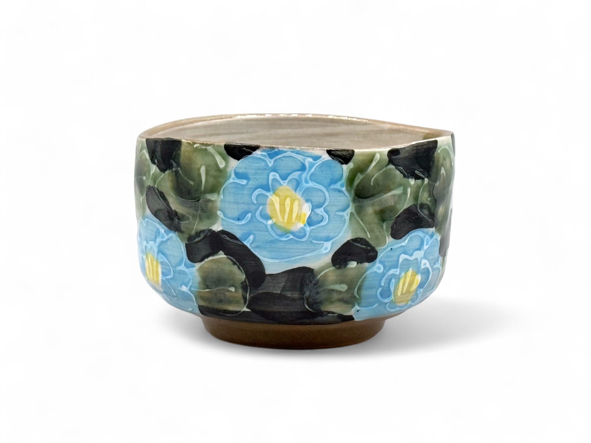 Blue Peony Garden Mino-yaki Chawan - Japanese Matcha Bowl