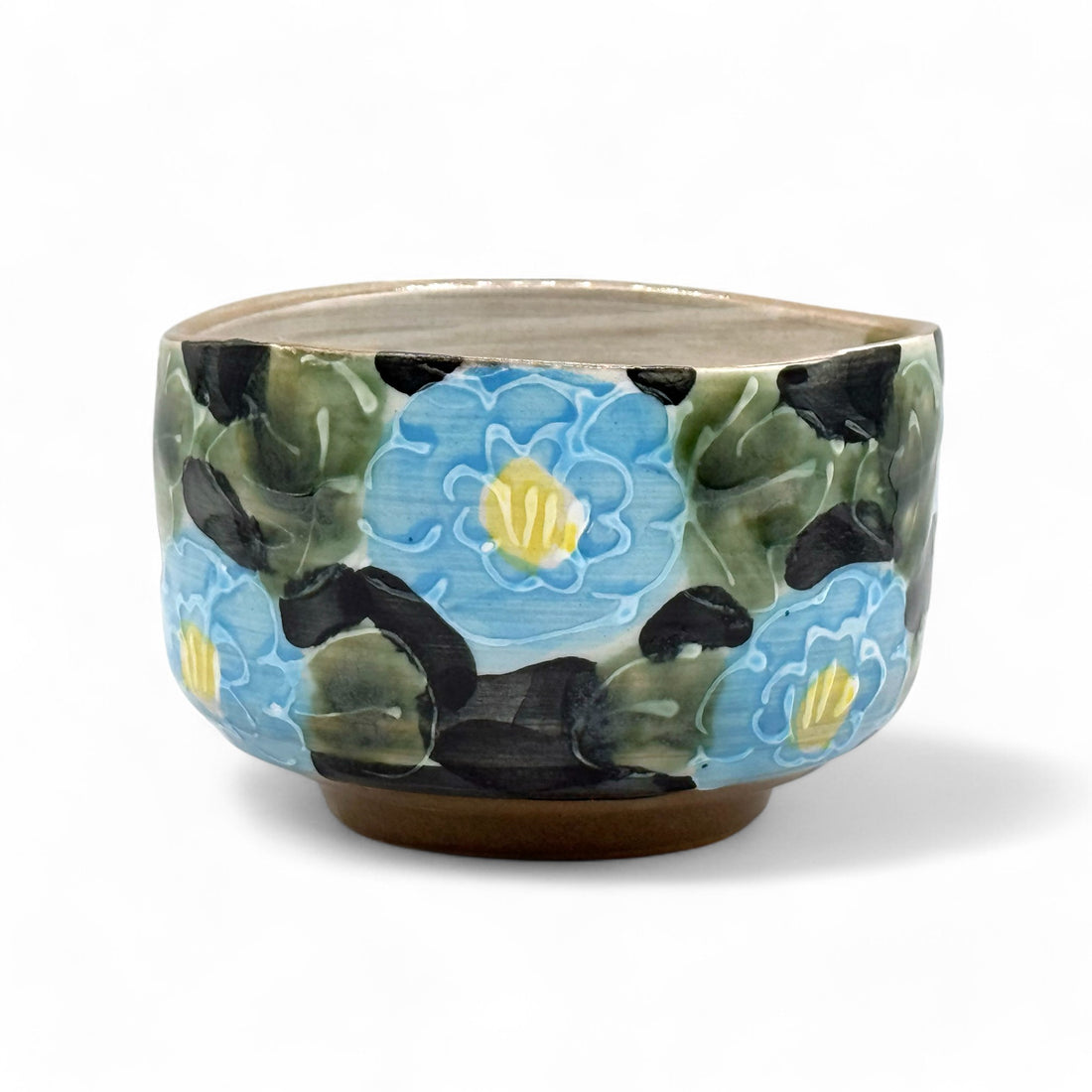 Blue Peony Garden Mino-yaki Chawan - Japanese Matcha Bowl