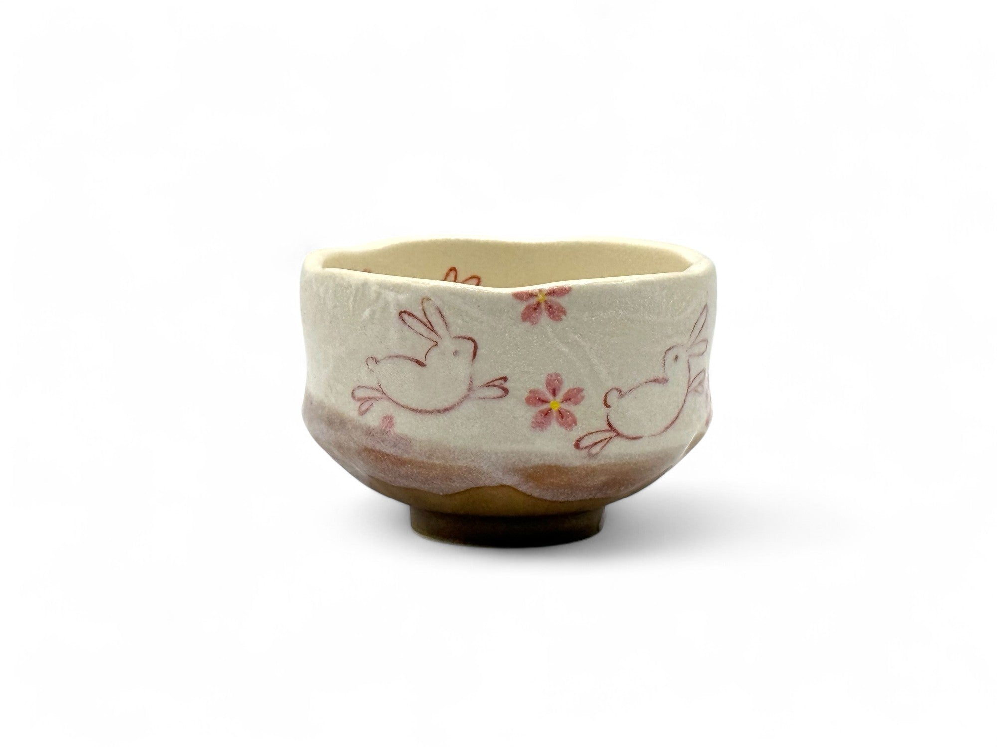 Hanami Rabbit Beige Mino-yaki Chawan - Japanese Mini Matcha Bowl