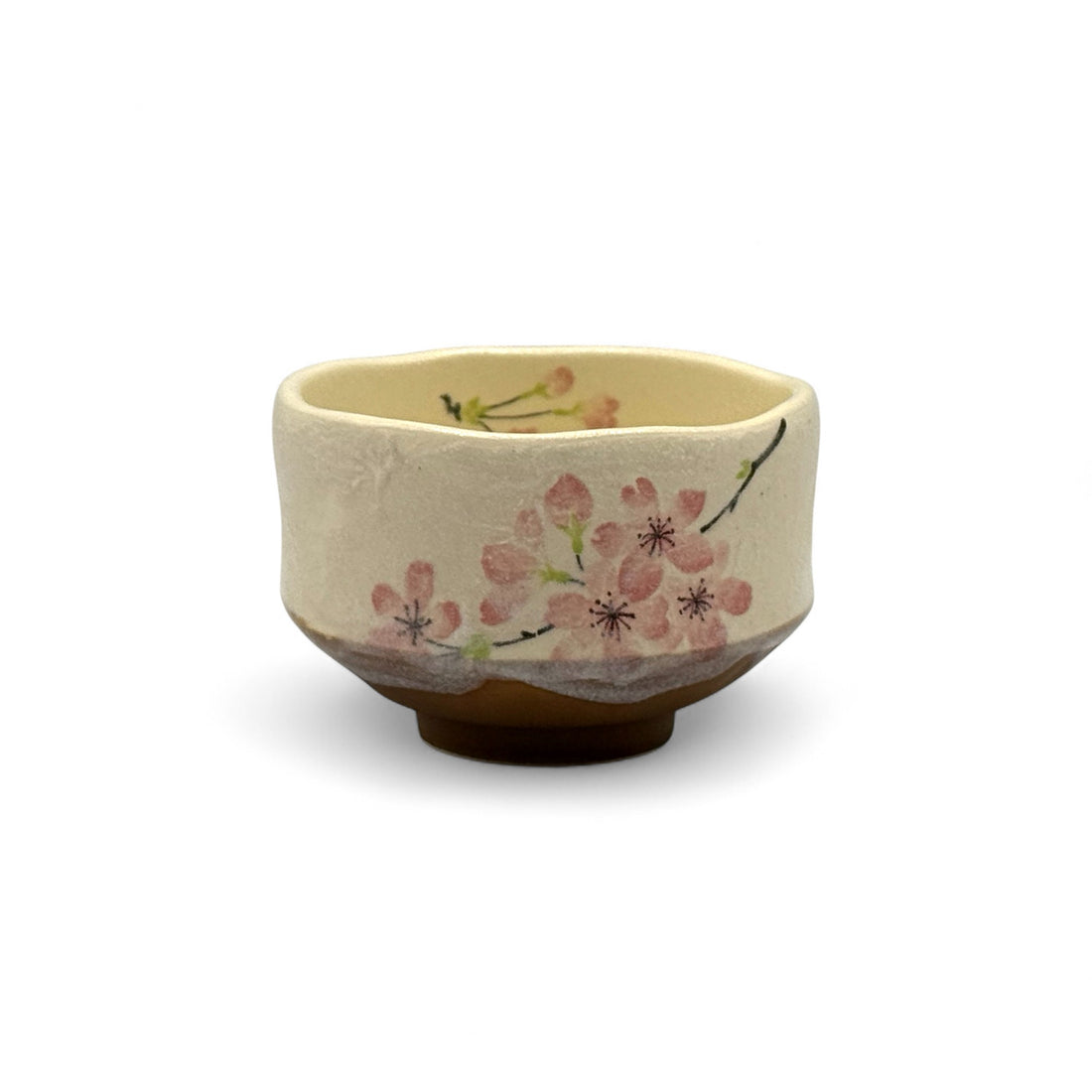 Yamazakura Cherry Blossom Beige Mino-yaki Chawan - Japanese Mini Matcha Bowl