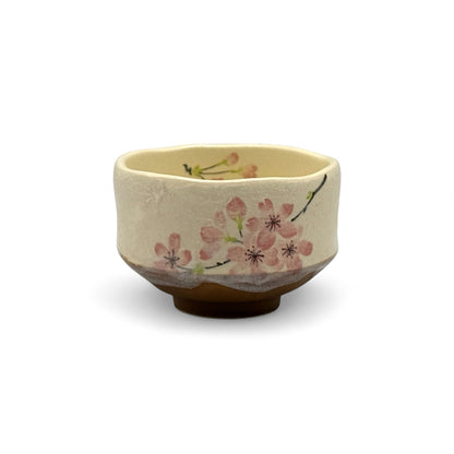 Yamazakura Cherry Blossom Beige Mino-yaki Chawan - Japanese Mini Matcha Bowl