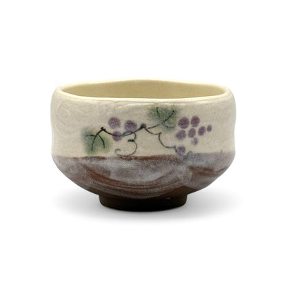 Grape Vine Beige Mino-yaki Chawan - Japanese Mini Matcha Bowl