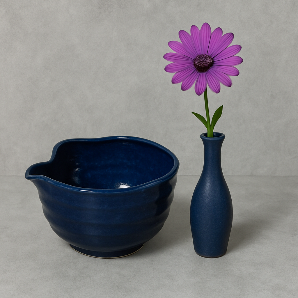 Namako Blue Mino-yaki Kataguchi Chawan - Japanese Matcha Bowl