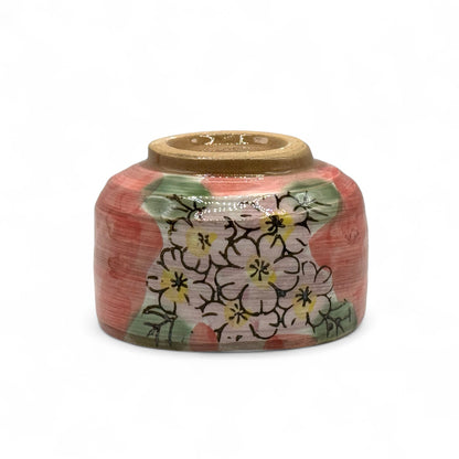 Patterned Cherry Red Blossom Mino-yaki Chawan - Japanese Matcha Bowl