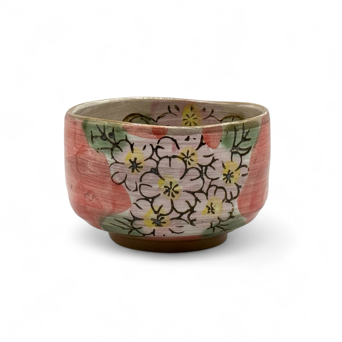 Patterned Cherry Red Blossom Mino-yaki Chawan - Japanese Matcha Bowl