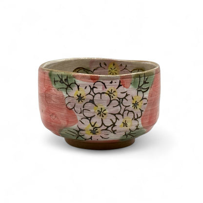 Patterned Cherry Red Blossom Mino-yaki Chawan - Japanese Matcha Bowl