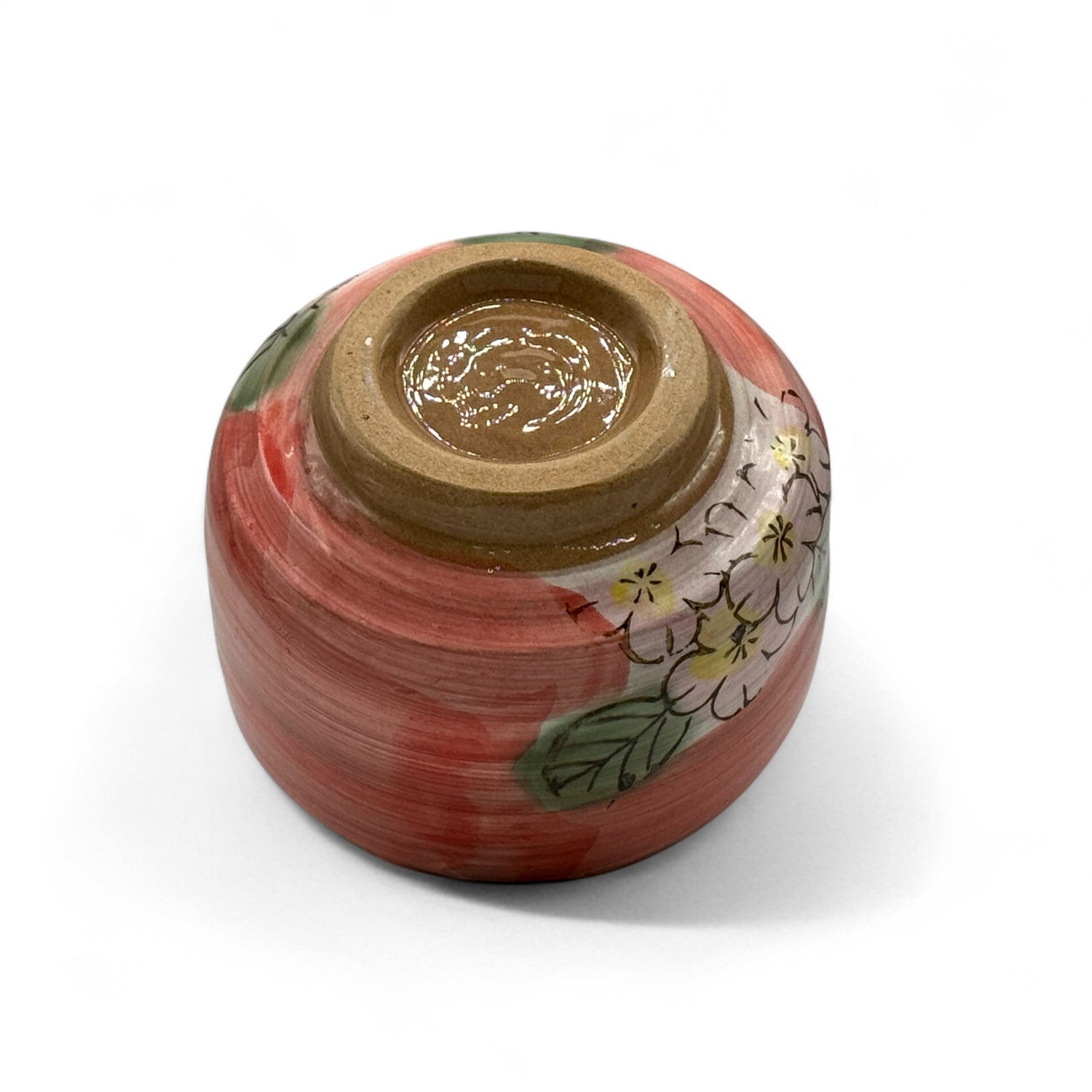 Patterned Cherry Red Blossom Mino-yaki Chawan - Japanese Matcha Bowl