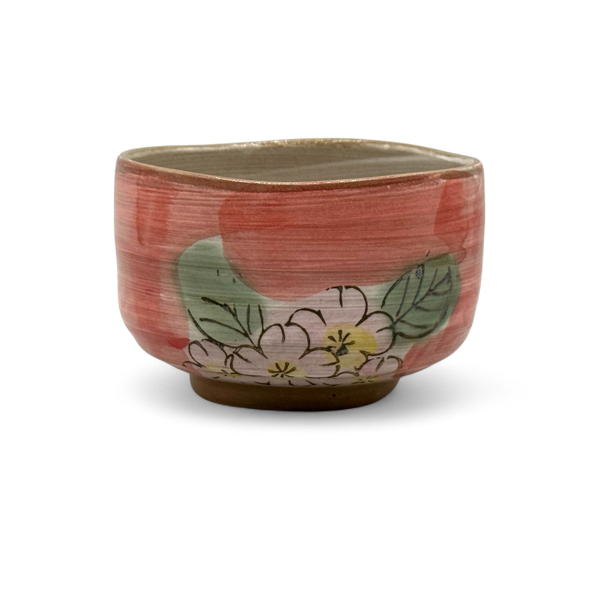 Patterned Cherry Red Blossom Mino-yaki Chawan - Japanese Matcha Bowl