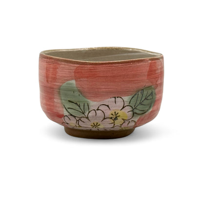 Patterned Cherry Red Blossom Mino-yaki Chawan - Japanese Matcha Bowl