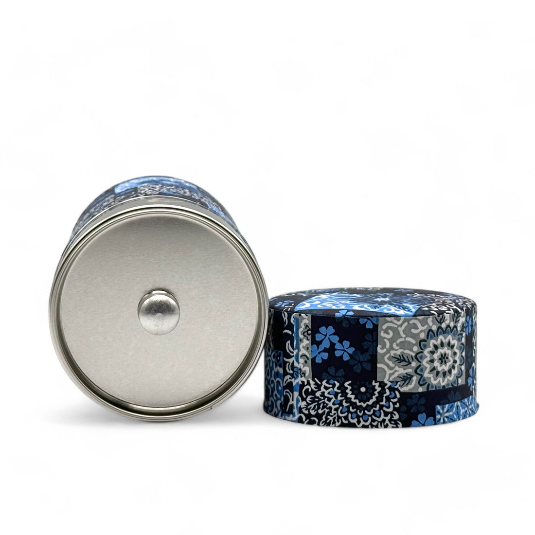 Indigo Hana Pattern Blue Washi Paper Wrapped Tea Canister (L) - Japanese Chazutsu