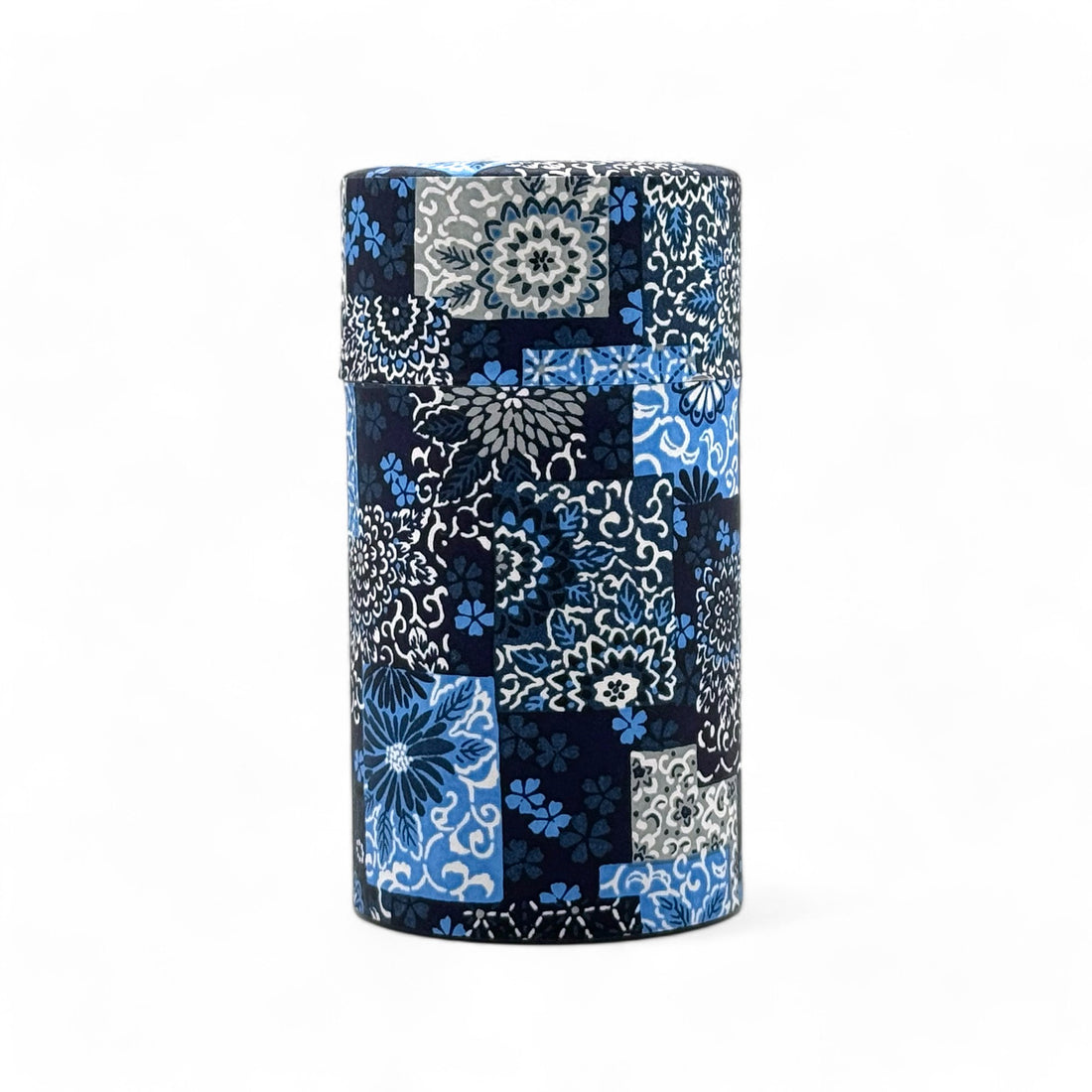 Indigo Hana Pattern Blue Washi Paper Wrapped Tea Canister (L) - Japanese Chazutsu