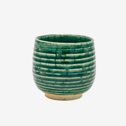 Oribe Stripe Green Yunomi - Japanese Teacup Teaware Inoue Tea