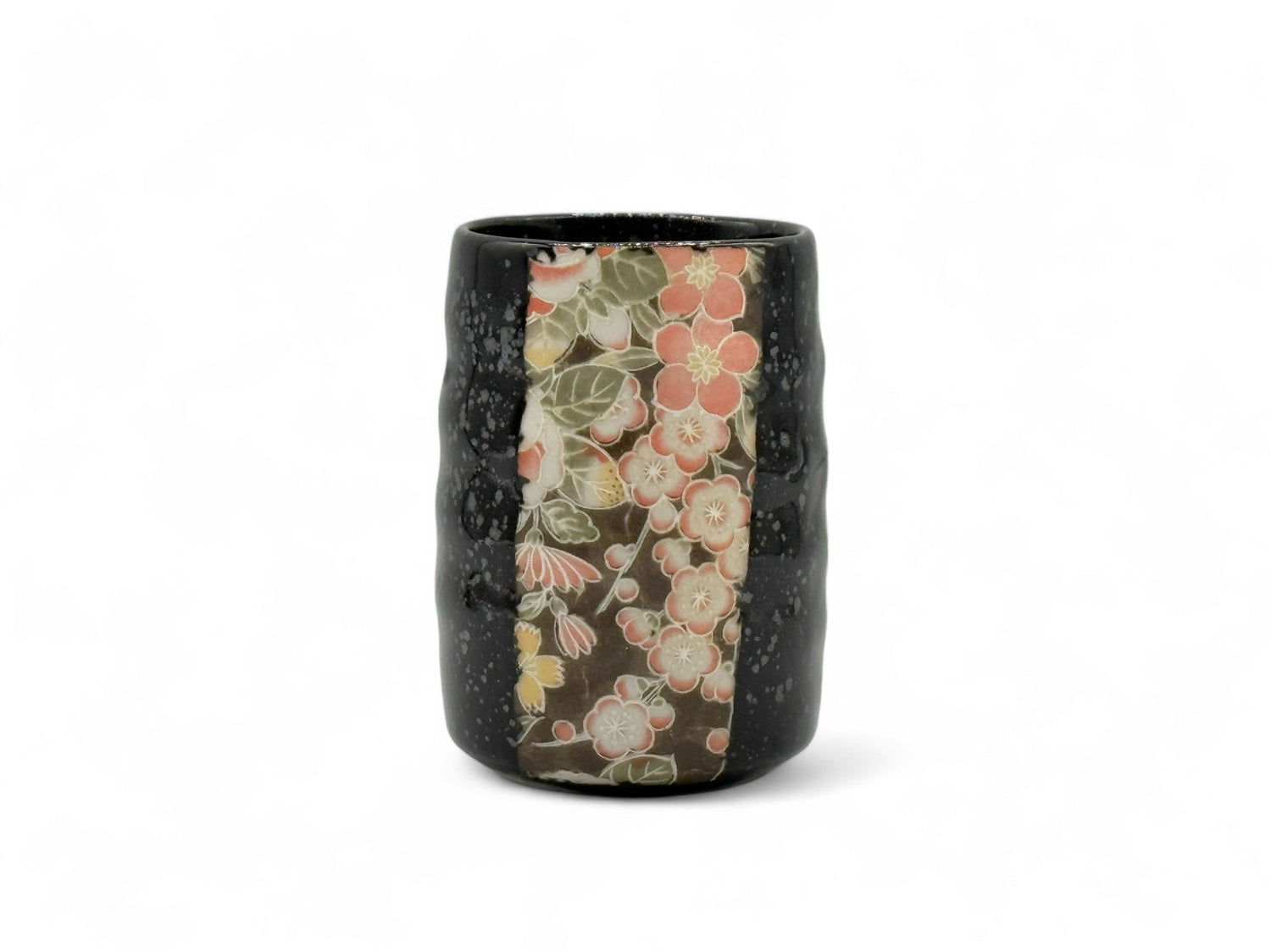 Yuzen Hana Flower Black Mino-yaki Yunomi - Japanese Teacup